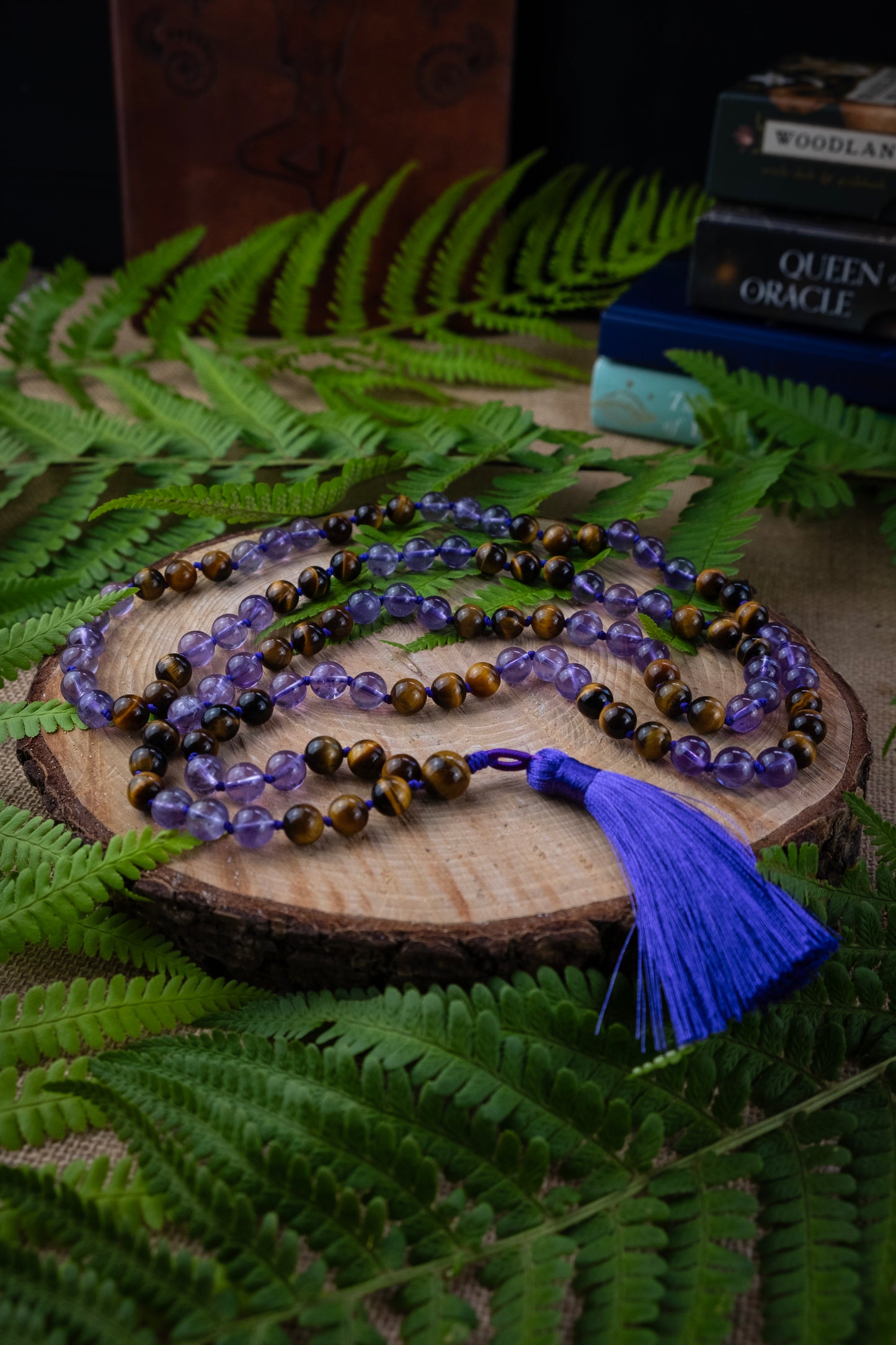 Crystal mala necklace, Hand knotted meditation mala, Amethyst and Tigers Eye Crystals
