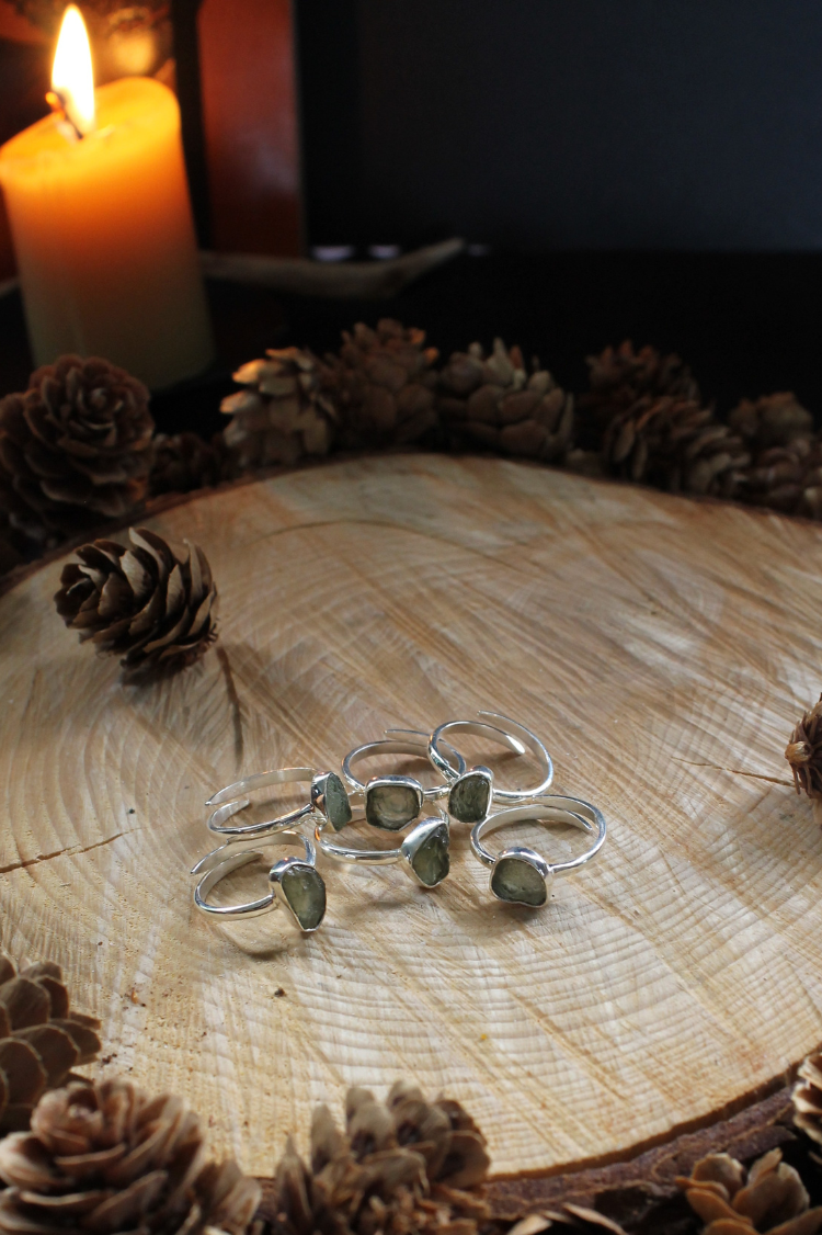 Moldavite Adjustable Ring Sterling Silver, Raw Crystal Gemstone Ring, Unique Healing Stone Jewellery UK