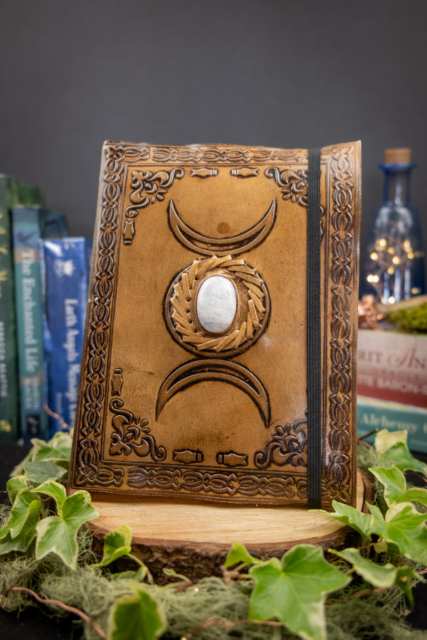 Moon Phase Leather Journal with Real Moonstone, Handmade Notebook, Blue Flash Gemstone Journal, Eco Friendly Writing Gift, Witchy Stationery