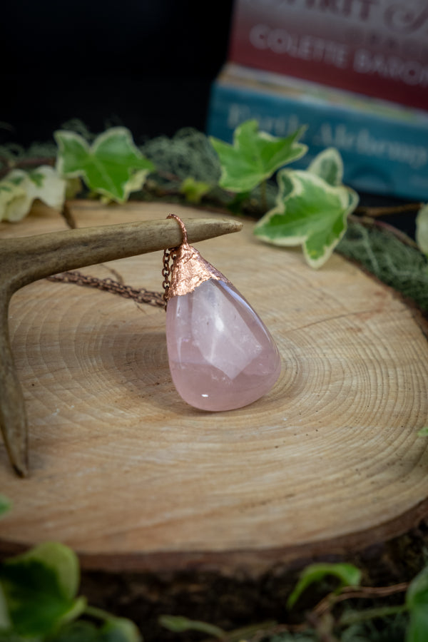 Rose Quartz Copper Pendant, Electroformed Crystal Necklace, Handmade UK Artisan Jewellery, Healing Copper & Gemstone Jewellery, Boho style.