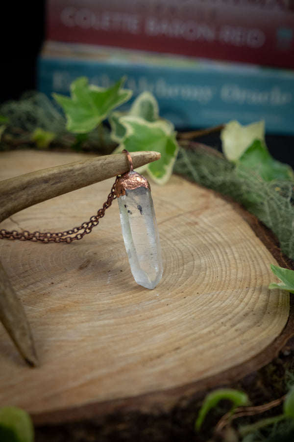 Clear Quartz and Copper Pendant, Electroformed Crystal Necklace, Raw Quartz Gemstone, Healing Energy Amplifier Stone, Handmade on a Barge