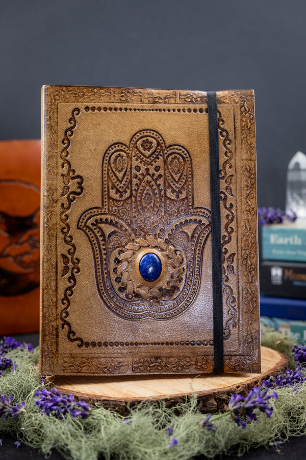 Lapis Lazuli Leather Journal, Hamsa Hand Notebook, Crystal Gem Diary, Handmade Eco Friendly Stone Embossed Writing Book