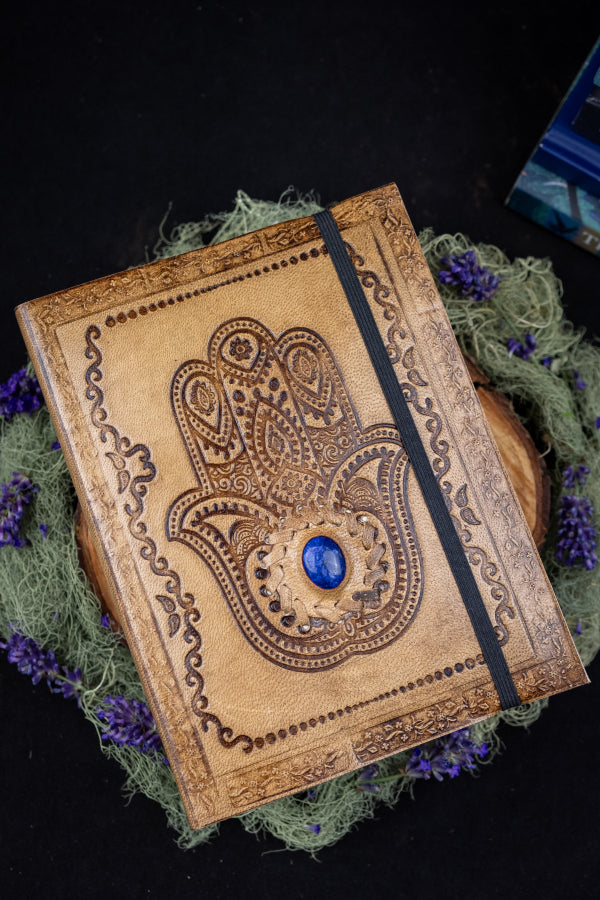 Lapis Lazuli Leather Journal, Hamsa Hand Notebook, Crystal Gem Diary, Handmade Eco Friendly Stone Embossed Writing Book