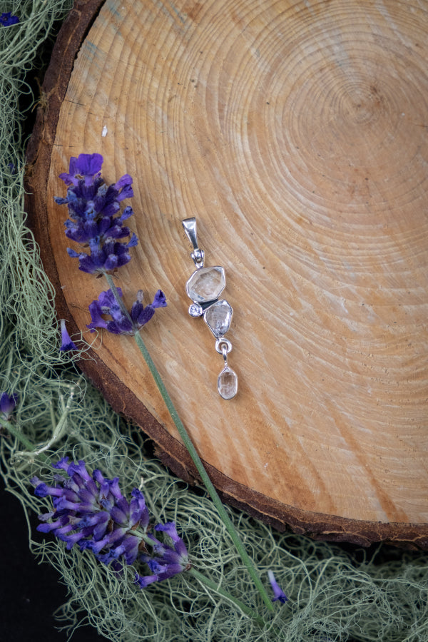 Herkimer Diamond and Clear Quartz Pendant, High Vibration Crystal Jewellery for Clarity Energy Activation and Lightness of Being