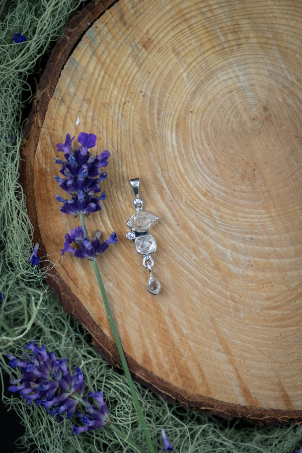 Herkimer Diamond and Clear Quartz Pendant, High Vibration Crystal Jewellery for Clarity Energy Activation and Lightness of Being