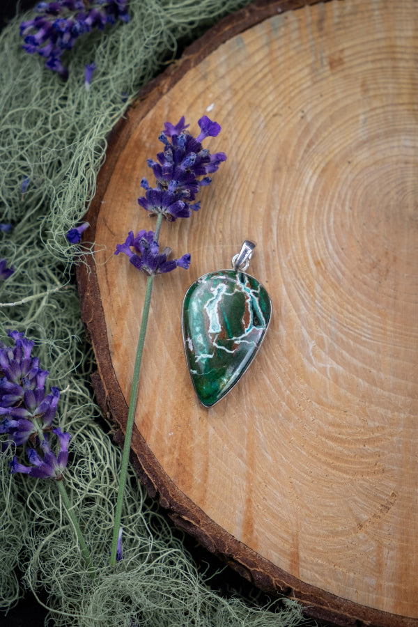 Silver Chrysocolla Pendant, Heart Healing Crystal Necklace, Soothing Blue Green Gemstone, Empowerment Stone for Emotional Balance & Calm