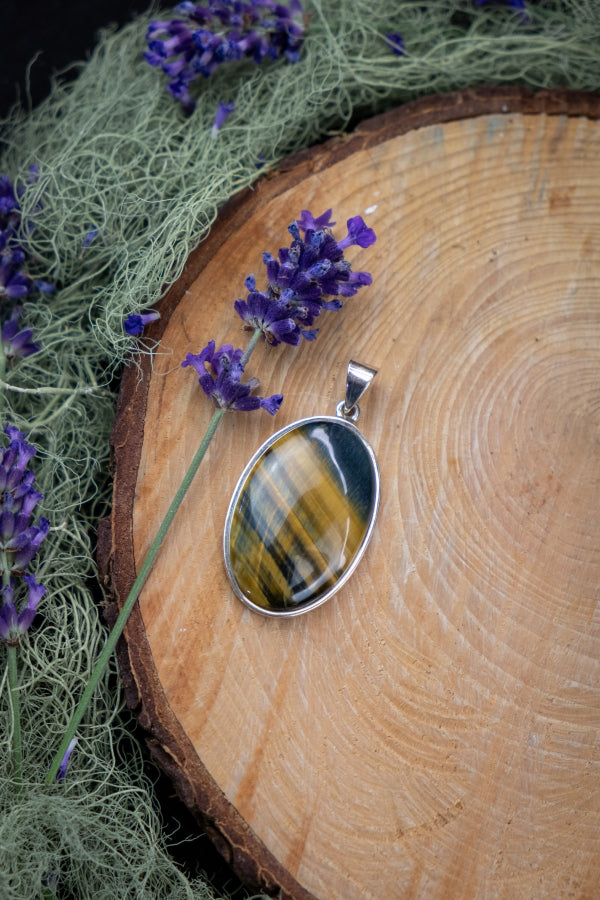 Blue Tigers Eye Pendant, Polished Gemstone Necklace, Soothing Crystal Talisman, Silver Crystal Pendant for Calm Clarity and Protection