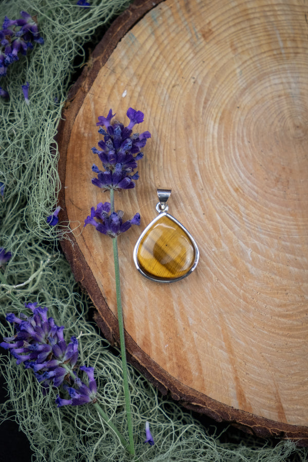 Tiger Eye Crystal Pendant, Silver Bevel Edge Tiger's Eye Necklace for Confidence and Grounding, Mens or Womens Protective Gemstone