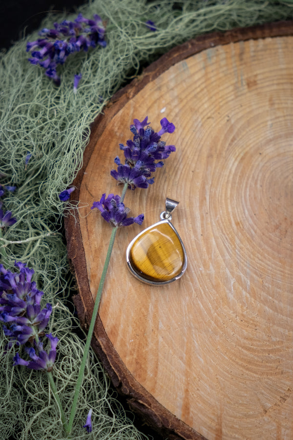 Tiger Eye Crystal Pendant, Silver Bevel Edge Tiger's Eye Necklace for Confidence and Grounding, Mens or Womens Protective Gemstone