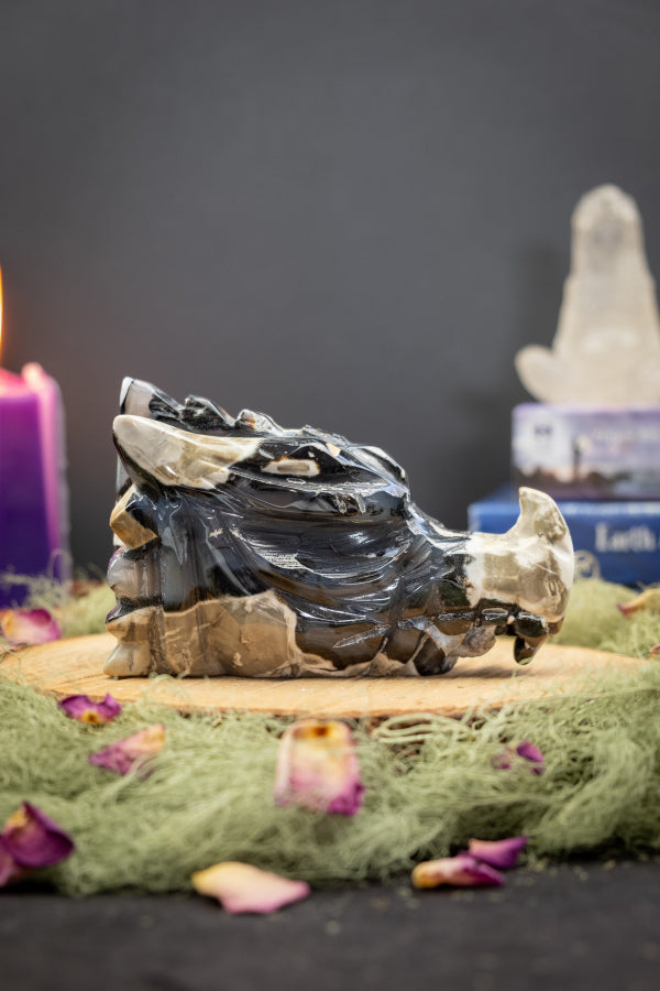 Volcano Agate Dragon Head Carving, Natural UV Crystal Stone, Powerful Protection, Transformation and Grounding Energy