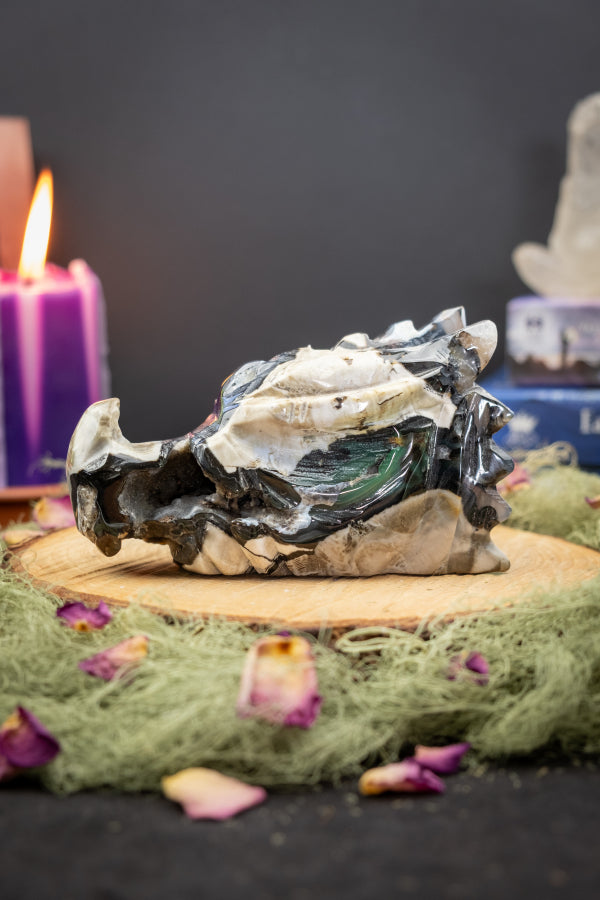 Volcano Agate Dragon Head Carving, Natural UV Crystal Stone, Powerful Protection, Transformation and Grounding Energy