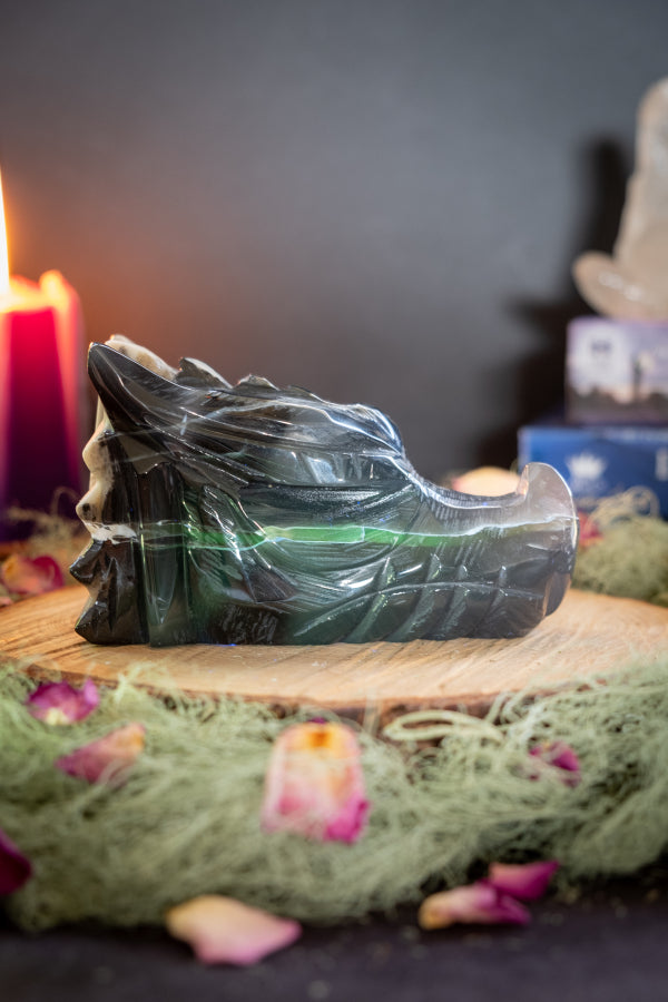 Volcano Agate Dragon Head Carving, Natural UV Crystal Stone, Powerful Protection, Transformation and Grounding Energy