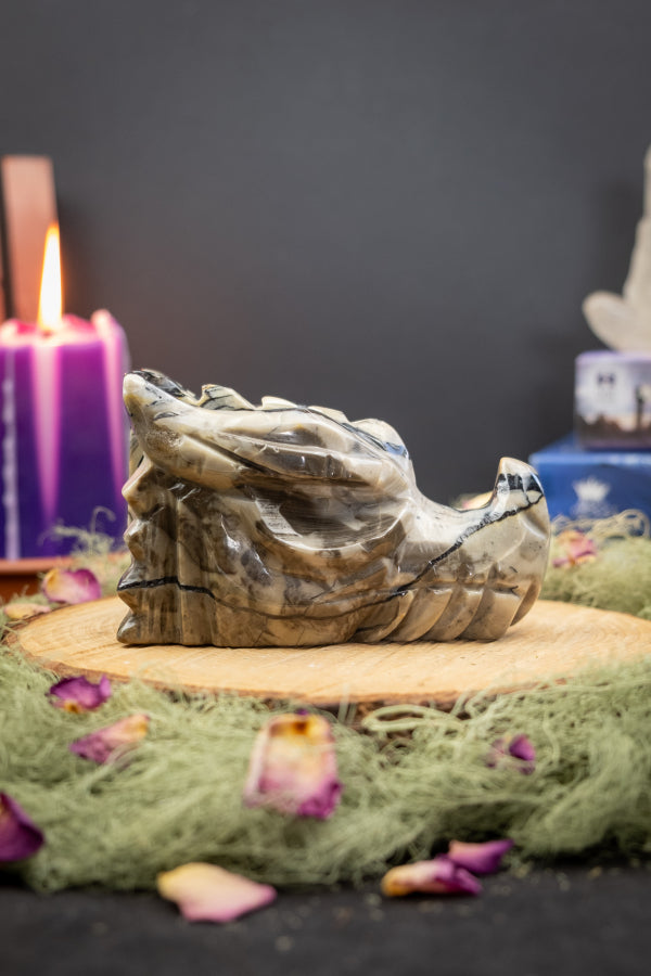 Volcano Agate Dragon Head Carving, Natural UV Crystal Stone, Powerful Protection, Transformation and Grounding Energy