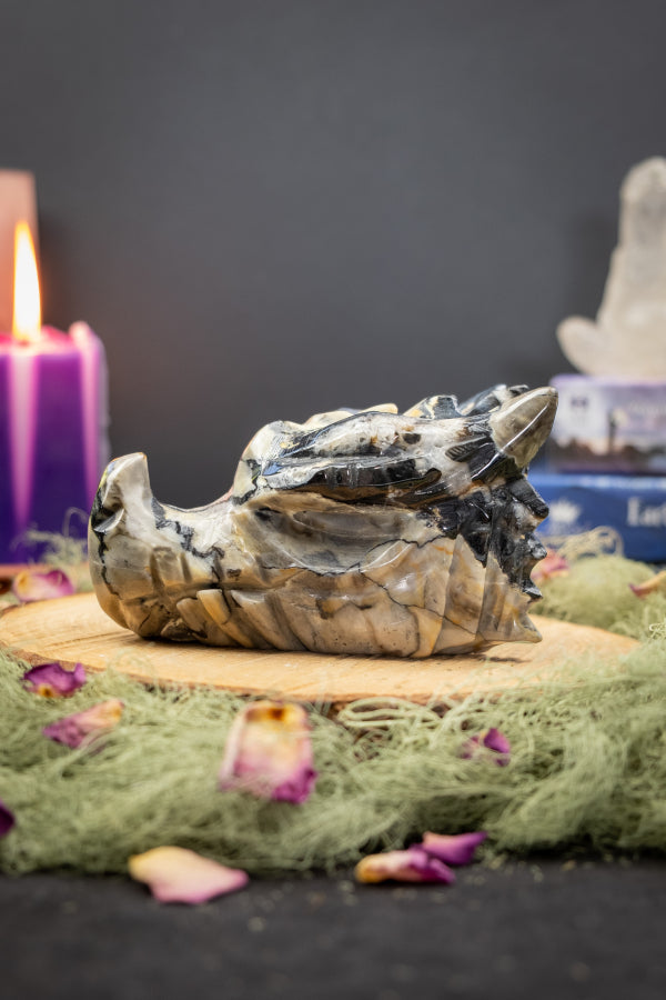 Volcano Agate Dragon Head Carving, Natural UV Crystal Stone, Powerful Protection, Transformation and Grounding Energy