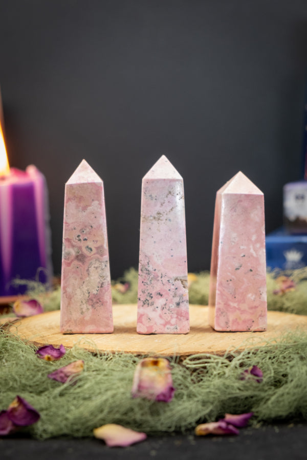 Rhodonite Obelisk Tower Peru Crystal, Pink Healing Stone for Heart Chakra, Emotional Balance and Compassion