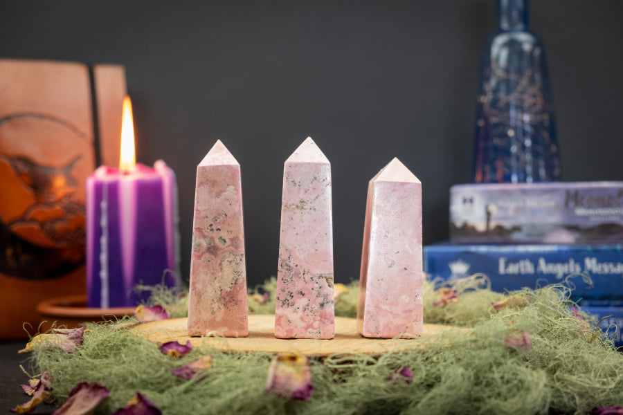 Rhodonite Obelisk Tower Peru Crystal, Pink Healing Stone for Heart Chakra, Emotional Balance and Compassion