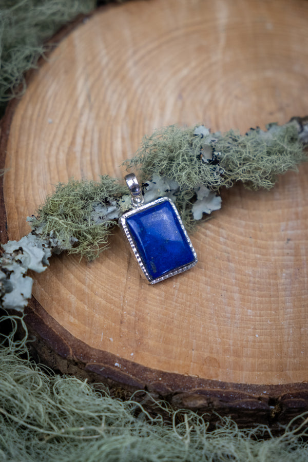 Lapis Lazuli Hammered Silver Pendant, Deep Blue Healing Gemstone Jewellery, Square Crystal Stone Necklace