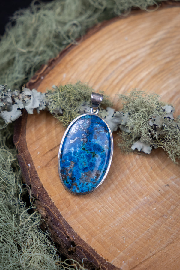 Azurite Malachite Chrysocolla Pyrite Pendant, Sterling Silver Crystal Necklace, Healing Gemstone Jewellery, Blue Green Stone