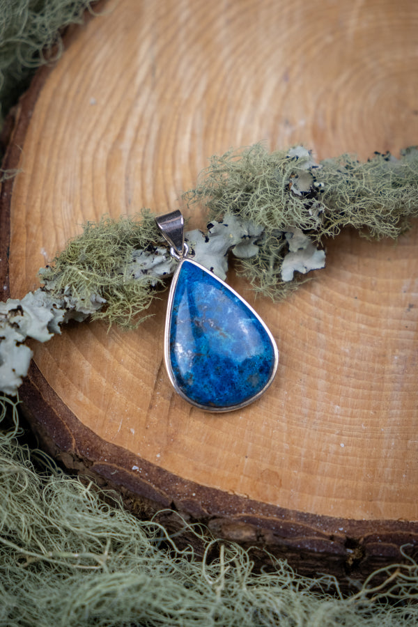Azurite Silver Teardrop Pendant, Healing Crystal Gemstone Necklace for Intuition, Insight, Wisdom and Third Eye Awakening
