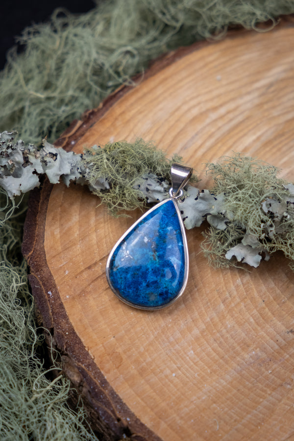 Azurite Silver Teardrop Pendant, Healing Crystal Gemstone Necklace for Intuition, Insight, Wisdom and Third Eye Awakening