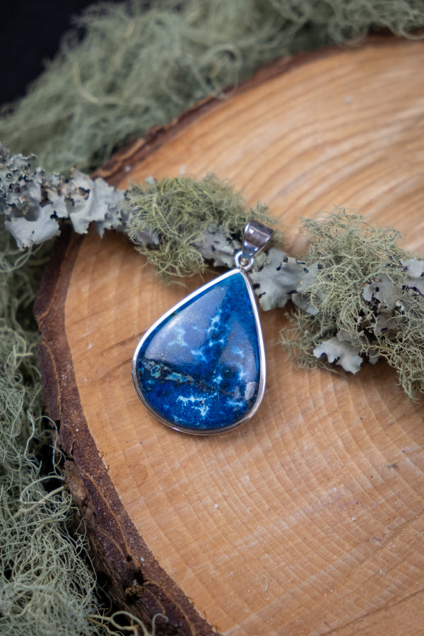 Azurite Silver Teardrop Pendant, Healing Crystal Gemstone Necklace for Intuition, Insight, Wisdom and Third Eye Awakening