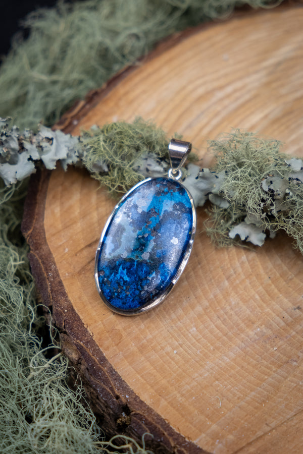 Azurite Pyrite Silver Pendant, Unique Crystal Necklace, Blue Healing Stone Jewellery for Intuition and Protection