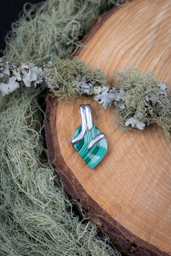 Polished Malachite and Sterling Silver Pendant, Heart-Healing Crystal Necklace for Protection, Transformation and Deep Emotional Clearing