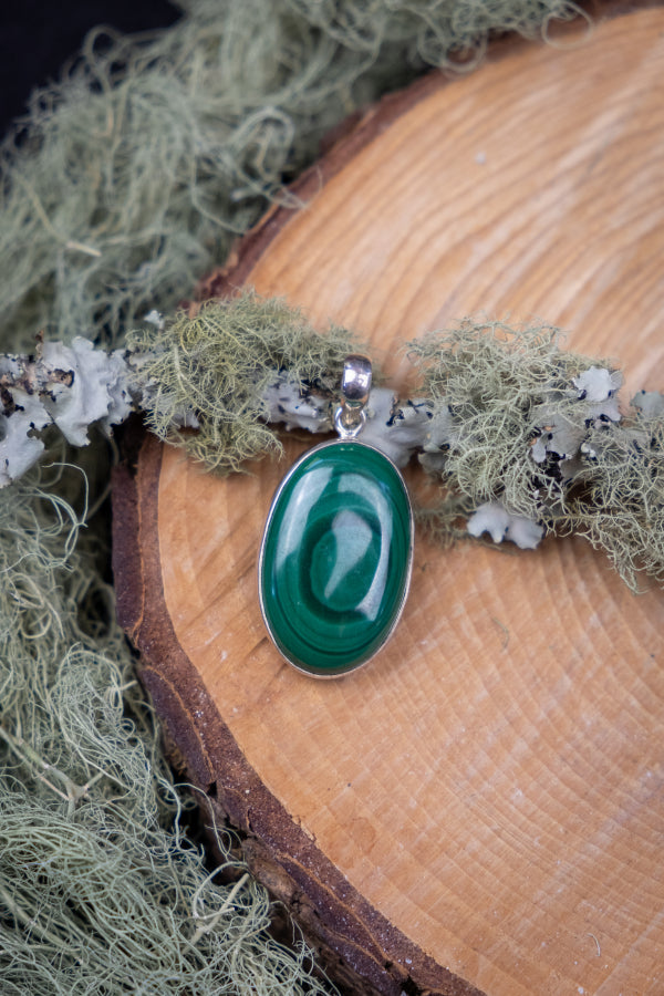 Polished Malachite and Sterling Silver Pendant, Heart-Healing Crystal Necklace for Protection, Transformation and Deep Emotional Clearing