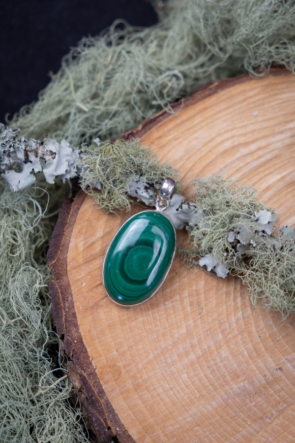 Polished Malachite and Sterling Silver Pendant, Heart-Healing Crystal Necklace for Protection, Transformation and Deep Emotional Clearing