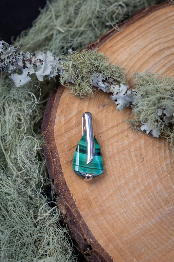 Polished Malachite and Sterling Silver Pendant, Heart-Healing Crystal Necklace for Protection, Transformation and Deep Emotional Clearing
