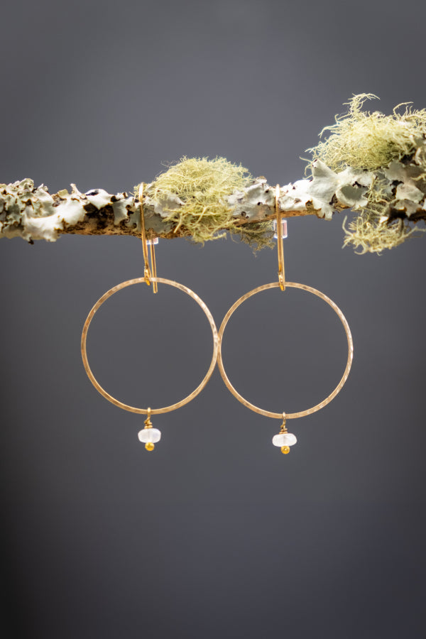 Raw Brass Hoop Earrings with Moonstone Gemstones, Handmade Boho Jewellery, Luciana Art Tribal Inspired Brass and Gemstone Earrings