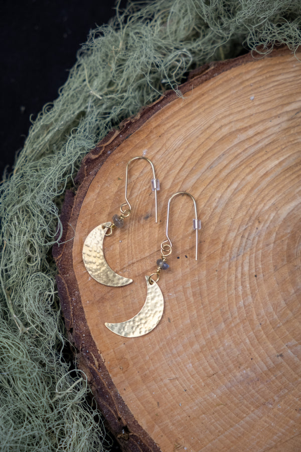 Brass Crescent Moon Labradorite Earrings, Handmade Celestial Gemstone Earrings, Raw Brass Moon Jewellery for Intuition and Transformation