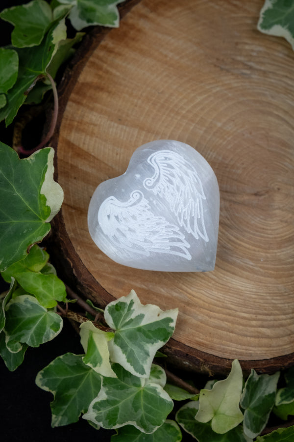 Selenite Crystal Heart, Etched with Angel Wings, Crystal to purify, Cleansing, Crystal for connection, Sacred Symbol, Angels