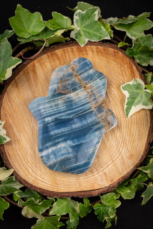 Lemurian Aquatine Calcite Hamsa Hand Crystal Carving, Blue Gemstone Protection Stone for Calm Intuition and Emotional Healing