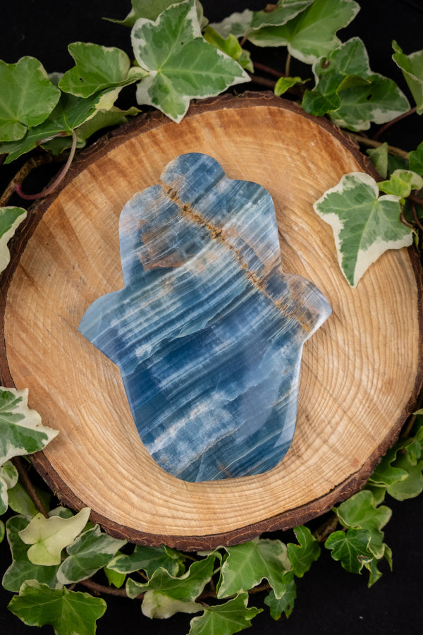 Lemurian Aquatine Calcite Hamsa Hand Crystal Carving, Blue Gemstone Protection Stone for Calm Intuition and Emotional Healing