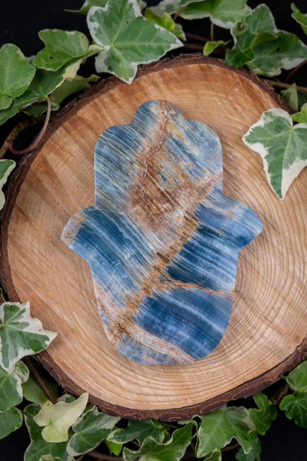 Lemurian Aquatine Calcite Hamsa Hand Crystal Carving, Blue Gemstone Protection Stone for Calm Intuition and Emotional Healing