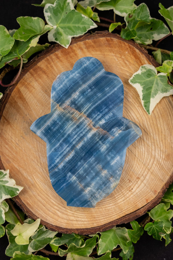 Lemurian Aquatine Calcite Hamsa Hand Crystal Carving, Blue Gemstone Protection Stone for Calm Intuition and Emotional Healing