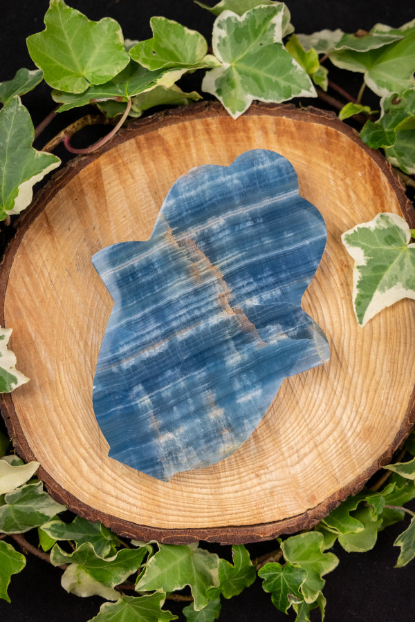 Lemurian Aquatine Calcite Hamsa Hand Crystal Carving, Blue Gemstone Protection Stone for Calm Intuition and Emotional Healing