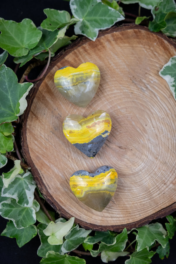 Yellow Black Jasper Heart Crystal, Bumblebee Jasper, Polished Gem for Healing Energy Protection Chakra Balance Intuition Grounding