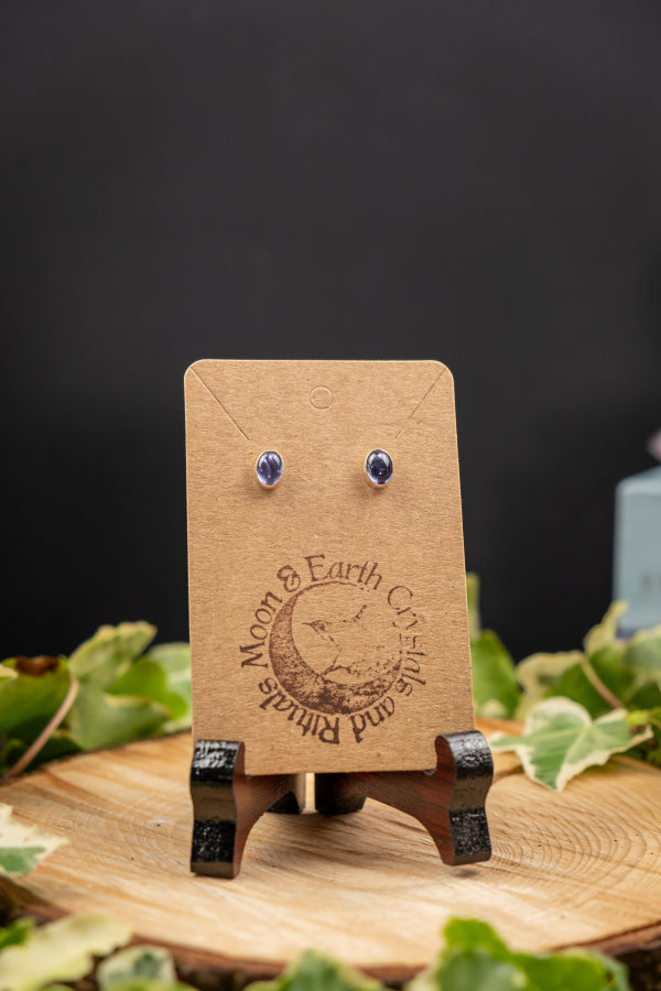 Iolite water sapphire stud earrings, sterling silver crystal studs, blue violet gemstone jewellery for intuition and clarity