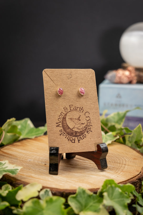 Rhodochrosite Oval Stud Earrings Sterling Silver Crystal Gemstone Jewellery for Love Healing and Heart Energy