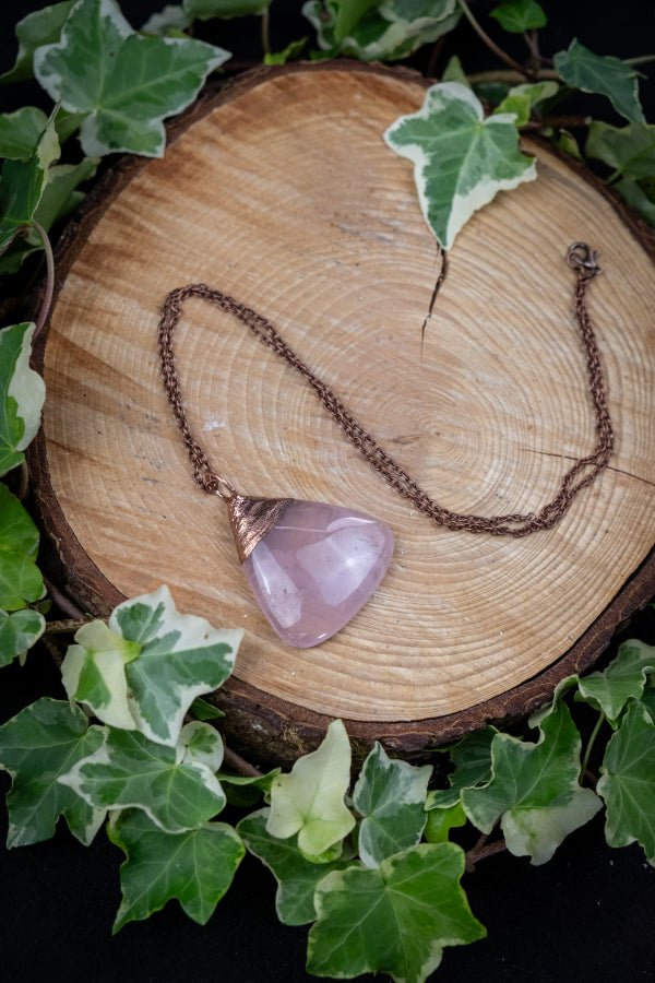 Rose Quartz Copper Pendant, Electroformed Crystal Necklace, Handmade UK Artisan Jewellery, Healing Copper & Gemstone Jewellery, Boho style.