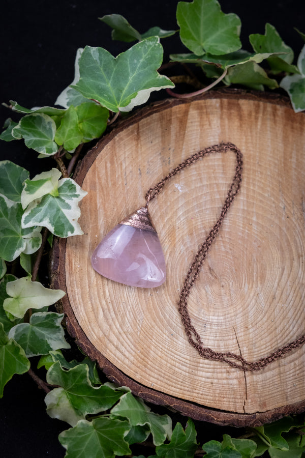 Rose Quartz Copper Pendant, Electroformed Crystal Necklace, Handmade UK Artisan Jewellery, Healing Copper & Gemstone Jewellery, Boho style.
