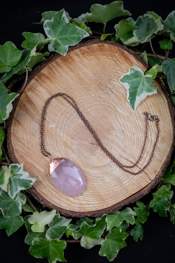 Rose Quartz Copper Pendant, Electroformed Crystal Necklace, Handmade UK Artisan Jewellery, Healing Copper & Gemstone Jewellery, Boho style.