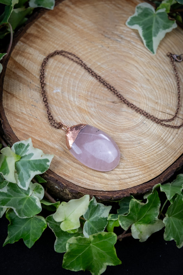 Rose Quartz Copper Pendant, Electroformed Crystal Necklace, Handmade UK Artisan Jewellery, Healing Copper & Gemstone Jewellery, Boho style.