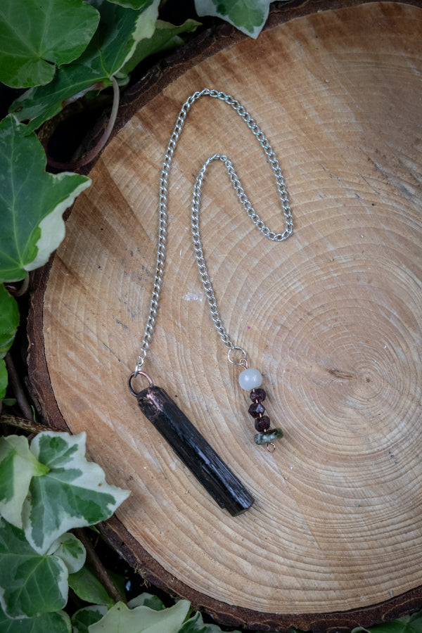 Black Tourmaline Copper Pendulum with Garnet Prehnite and Moonstone Crystals for Energy Healing Divination and Grounding