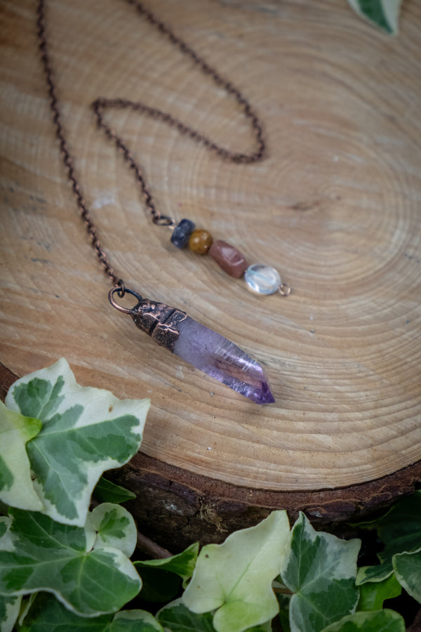Handmade Vera Cruz Amethyst and Copper Crystal Pendulum with Clear Quartz, Sunstone, Crazy Lace Agate and Amethyst Beads