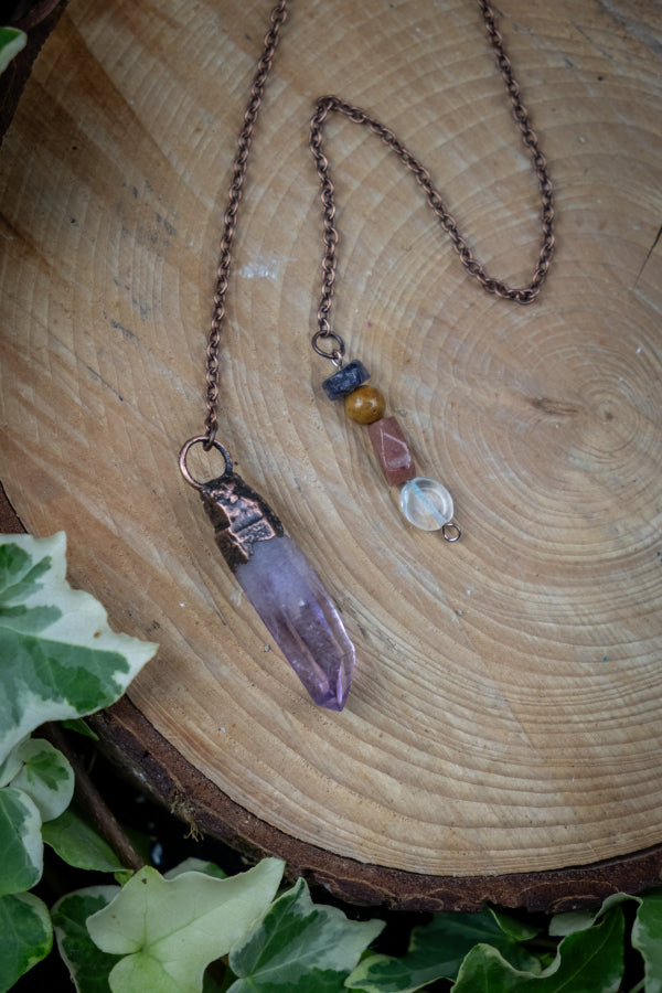 Handmade Vera Cruz Amethyst and Copper Crystal Pendulum with Clear Quartz, Sunstone, Crazy Lace Agate and Amethyst Beads
