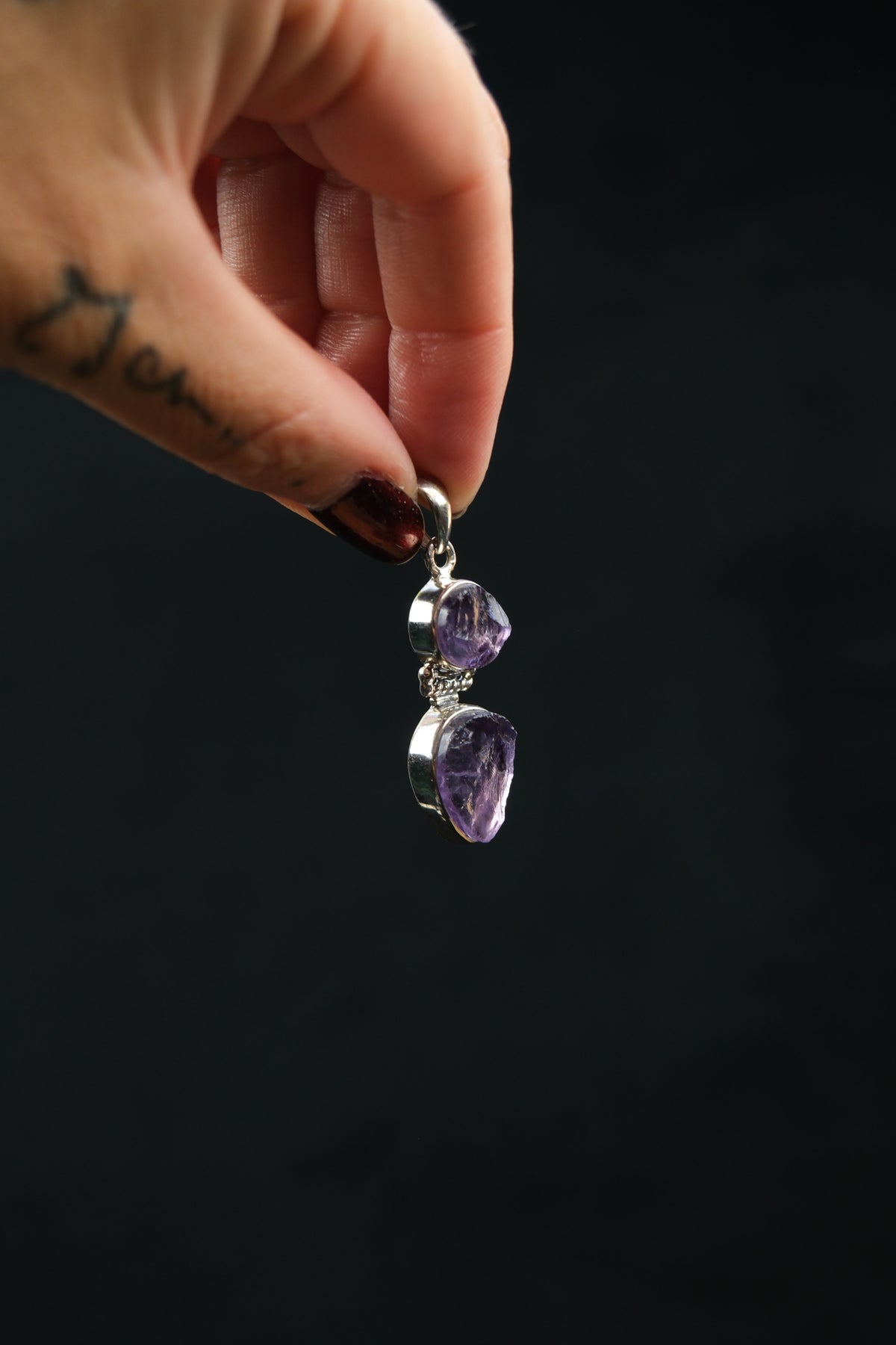 Raw Amethyst Double Stone Sterling Silver Pendant