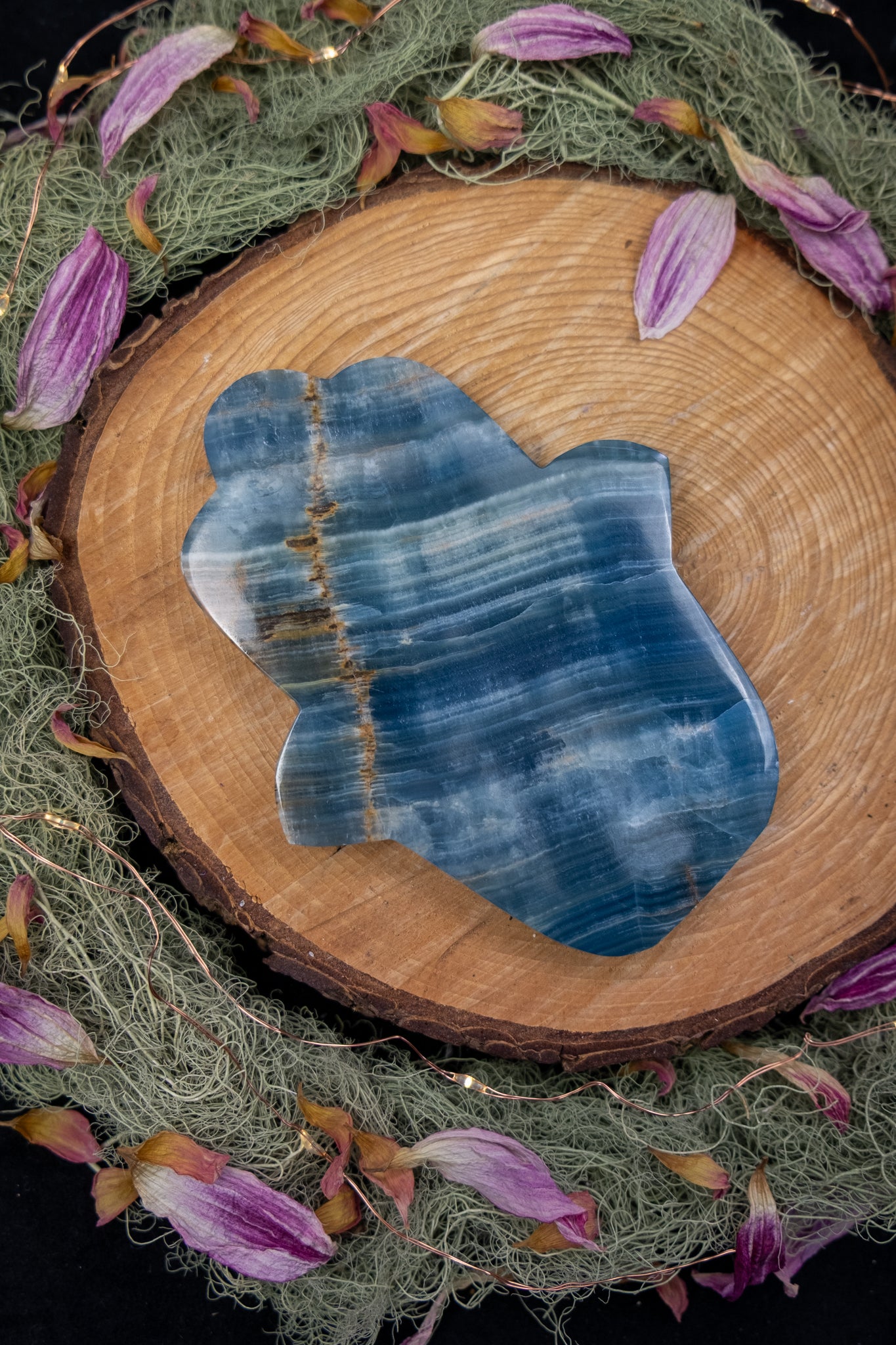 Lemurian Aquatine Calcite Hamsa Hand Crystal Carving, Blue Gemstone Protection Stone for Calm Intuition and Emotional Healing